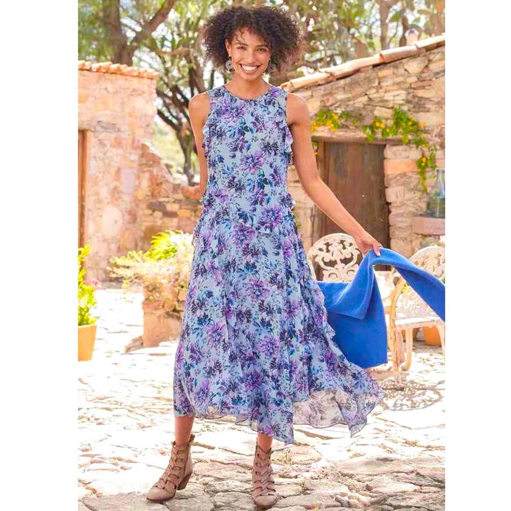 SUNDANCE Sleeveless Blue Floral Tiered Ruffle Midi Dress Women's Size XS